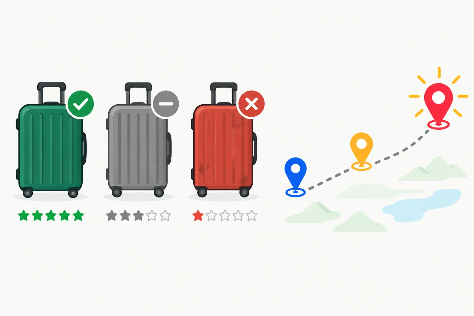 Três opções de viagem mostram a melhor e a pior avaliação; três pontos em um mapa mostram o ponto mais distante.