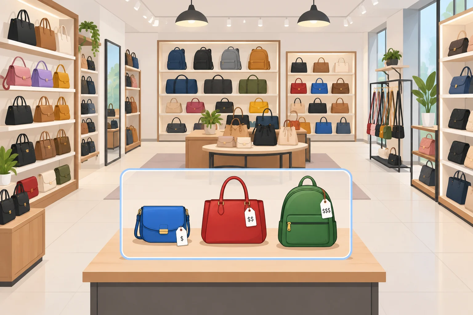 Diagrama de uma loja com muitas bolsas e um grupo destacado de três bolsas, no qual a bolsa azul tem o menor preço.