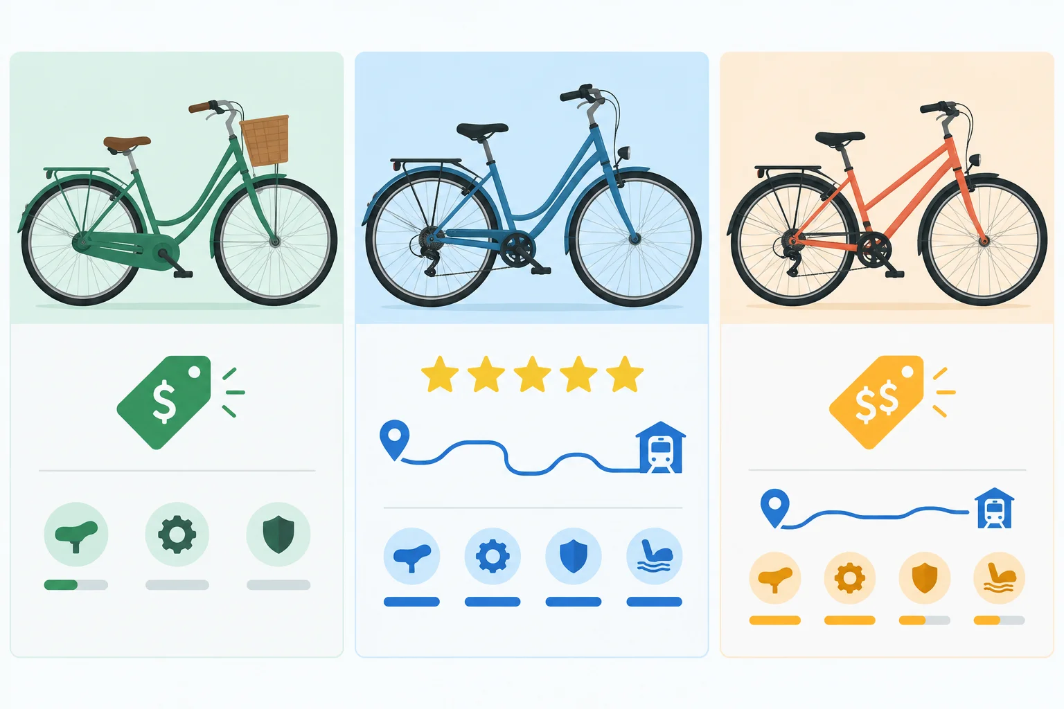 Três bicicletas apresentadas como opções, com símbolos visuais de preço, conforto e distância.