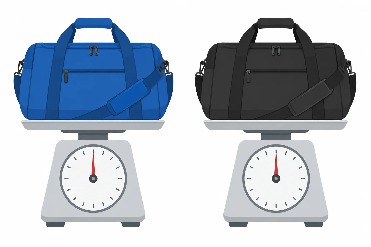 Duas bolsas de cores diferentes em balanças que indicam o mesmo peso.