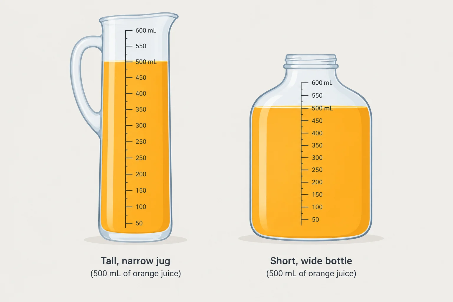 Uma jarra alta e uma garrafa baixa contêm a mesma medida de suco: 500 mL em cada uma.