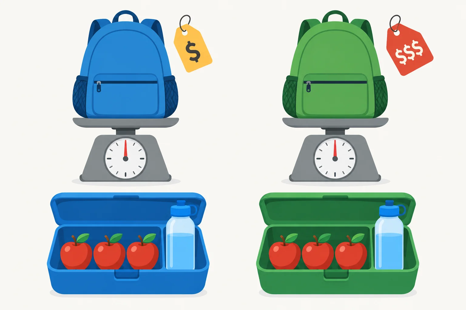 Dois mochilas com o mesmo peso e preços diferentes; duas lancheiras com três maçãs e a mesma quantidade de água.