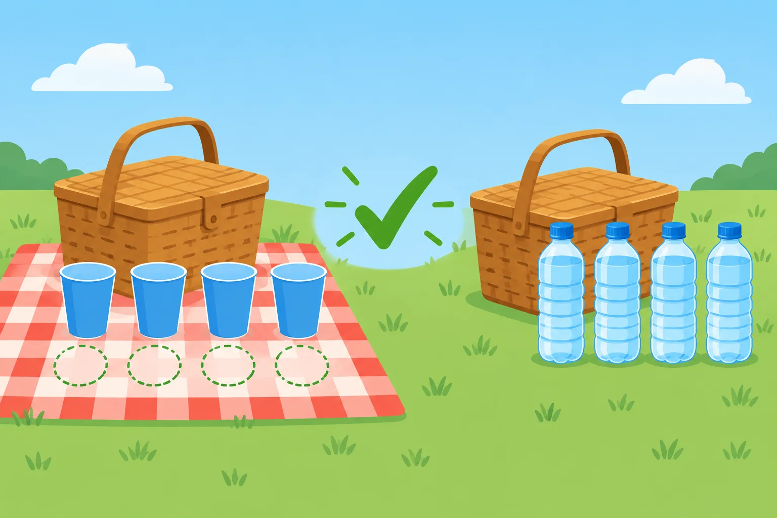 Comparação visual entre quatro copos necessários para um piquenique e quatro garrafas de água disponíveis.