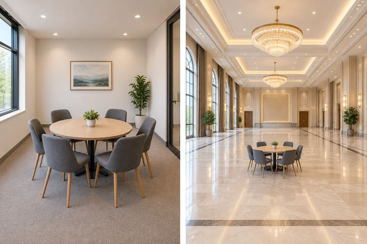 Comparação visual entre uma sala de tamanho adequado para um pequeno grupo e um salão muito grande.