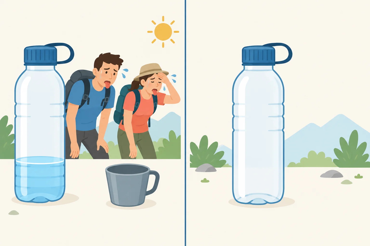 Comparação visual entre uma garrafa com pouca água para duas pessoas e uma garrafa vazia.