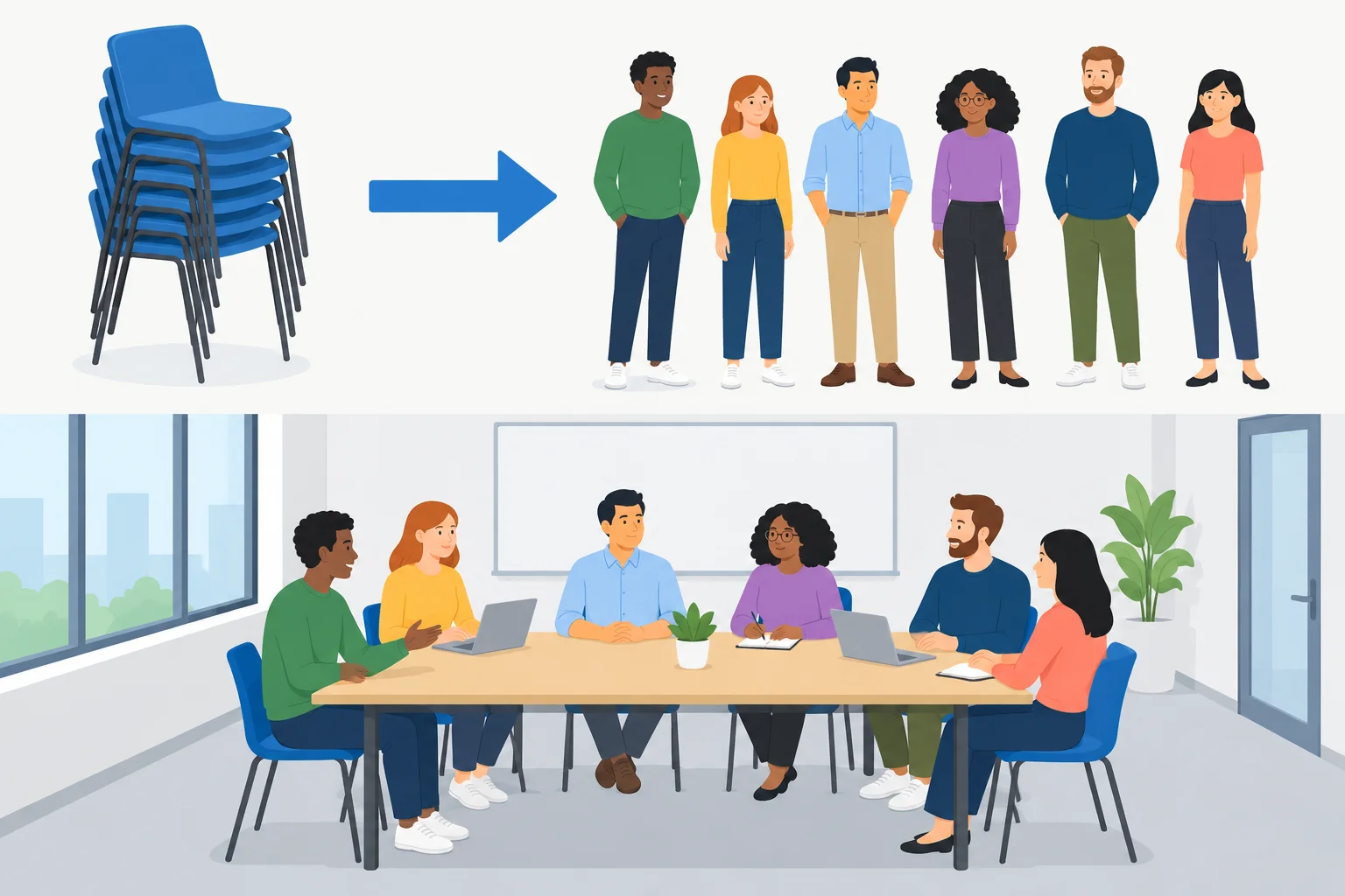 Seis cadeiras associadas a seis pessoas e uma sala espaçosa associada a um pequeno grupo.