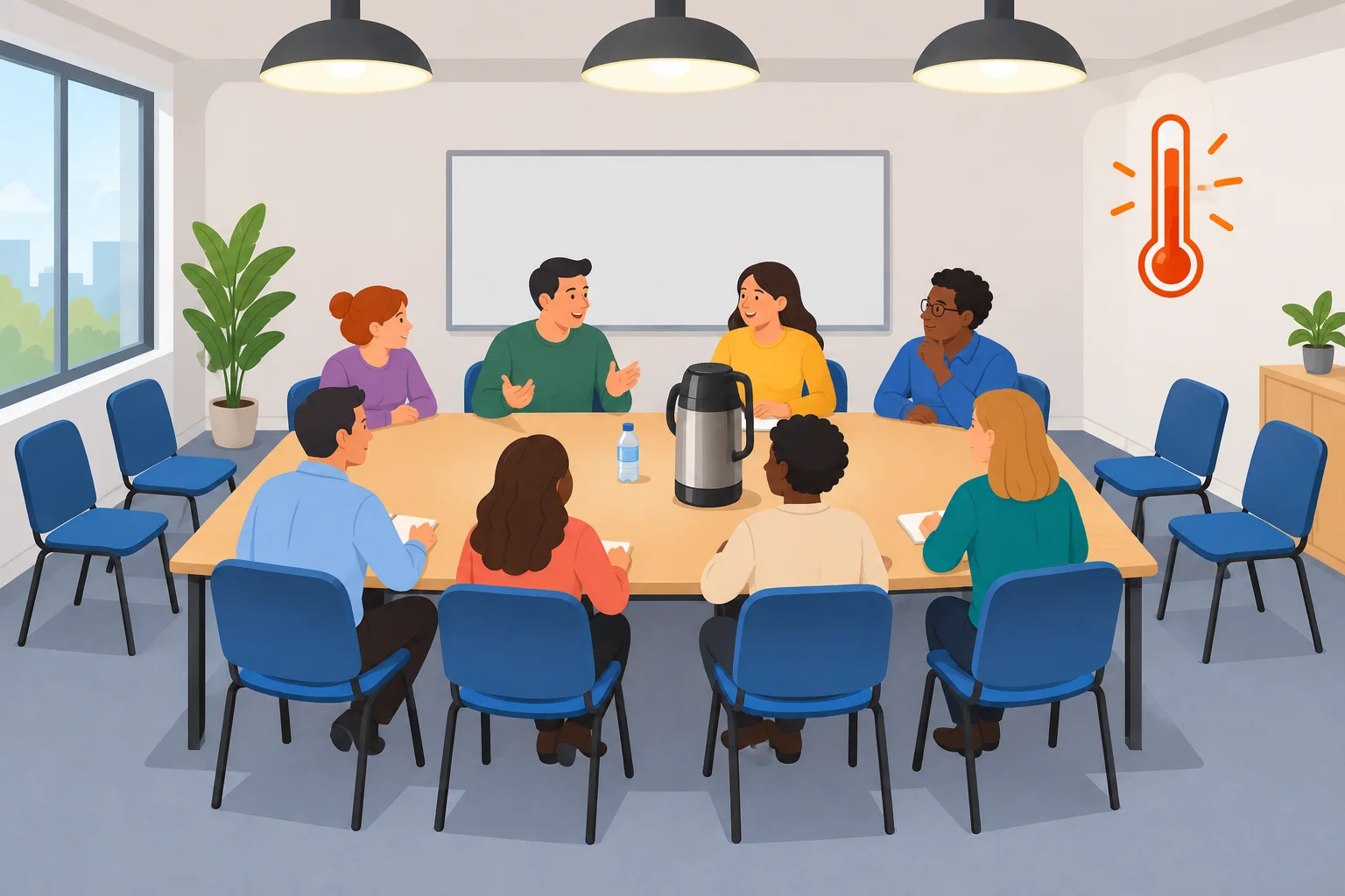 Ilustração de uma reunião para oito pessoas com cadeiras extras, pouca água, muito café, ambiente quente e luz forte.