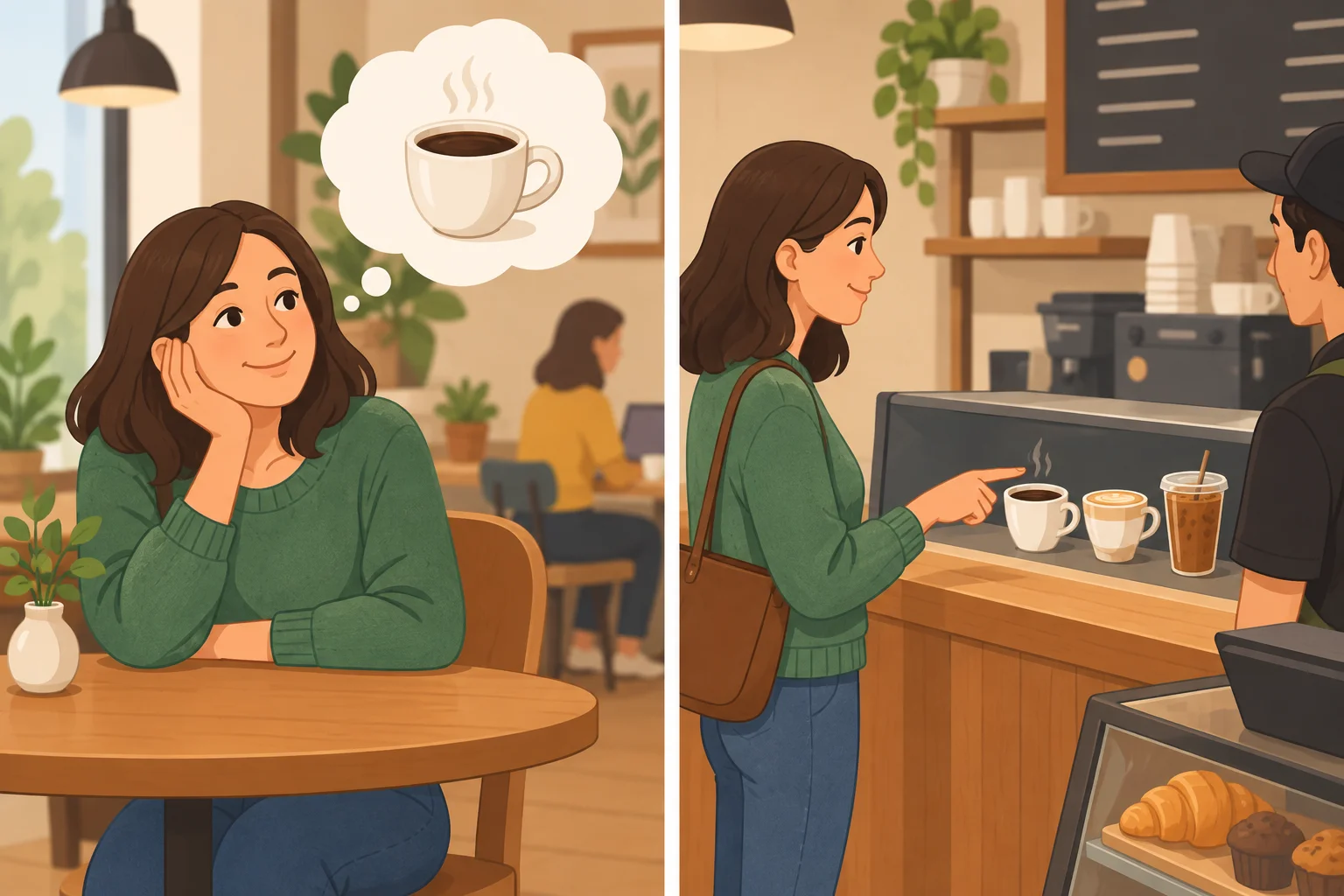 Comparação entre gostar de café em geral e pedir um café no balcão.