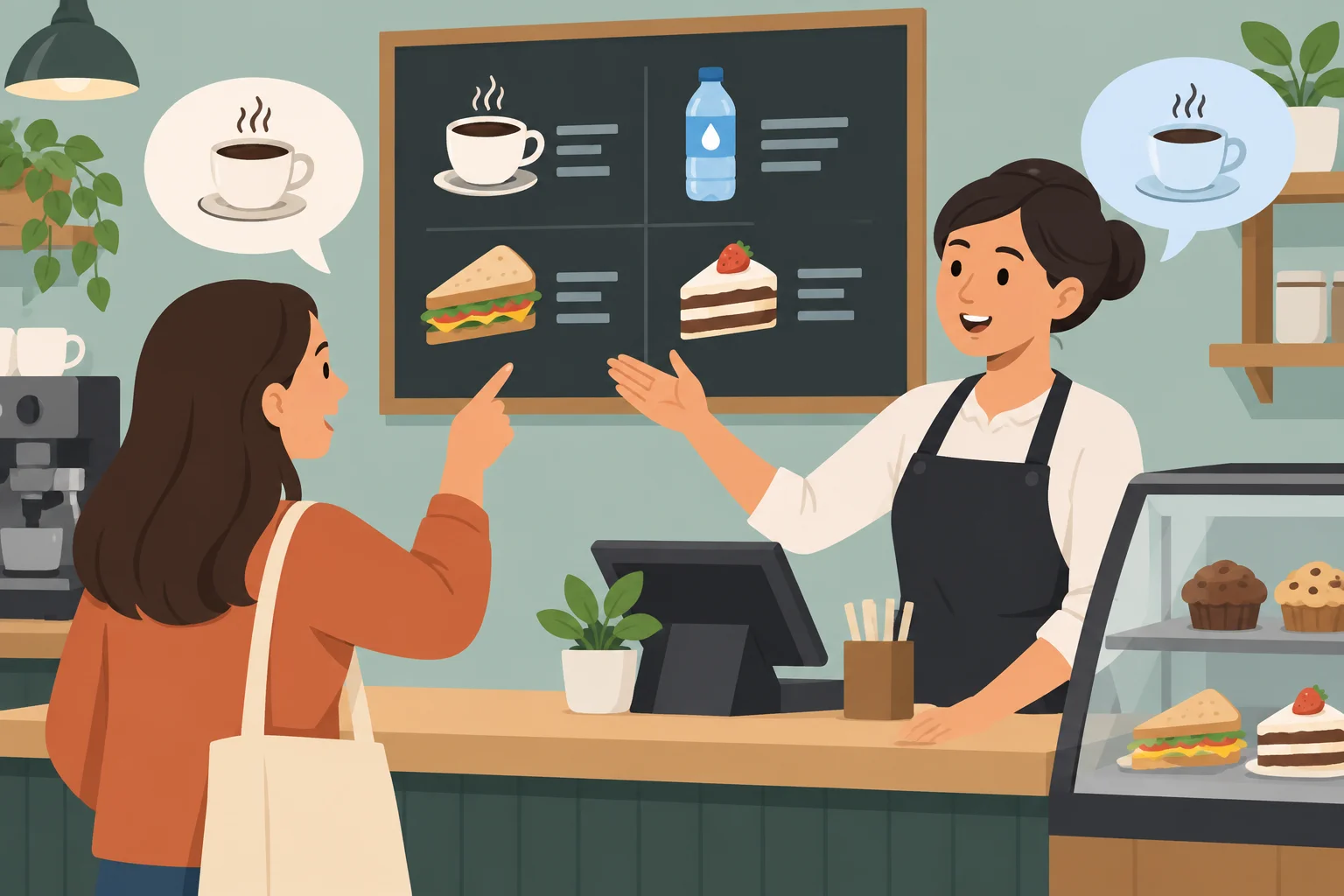 Ilustração de um atendimento em cafeteria: o atendente apresenta opções e o cliente faz um pedido.