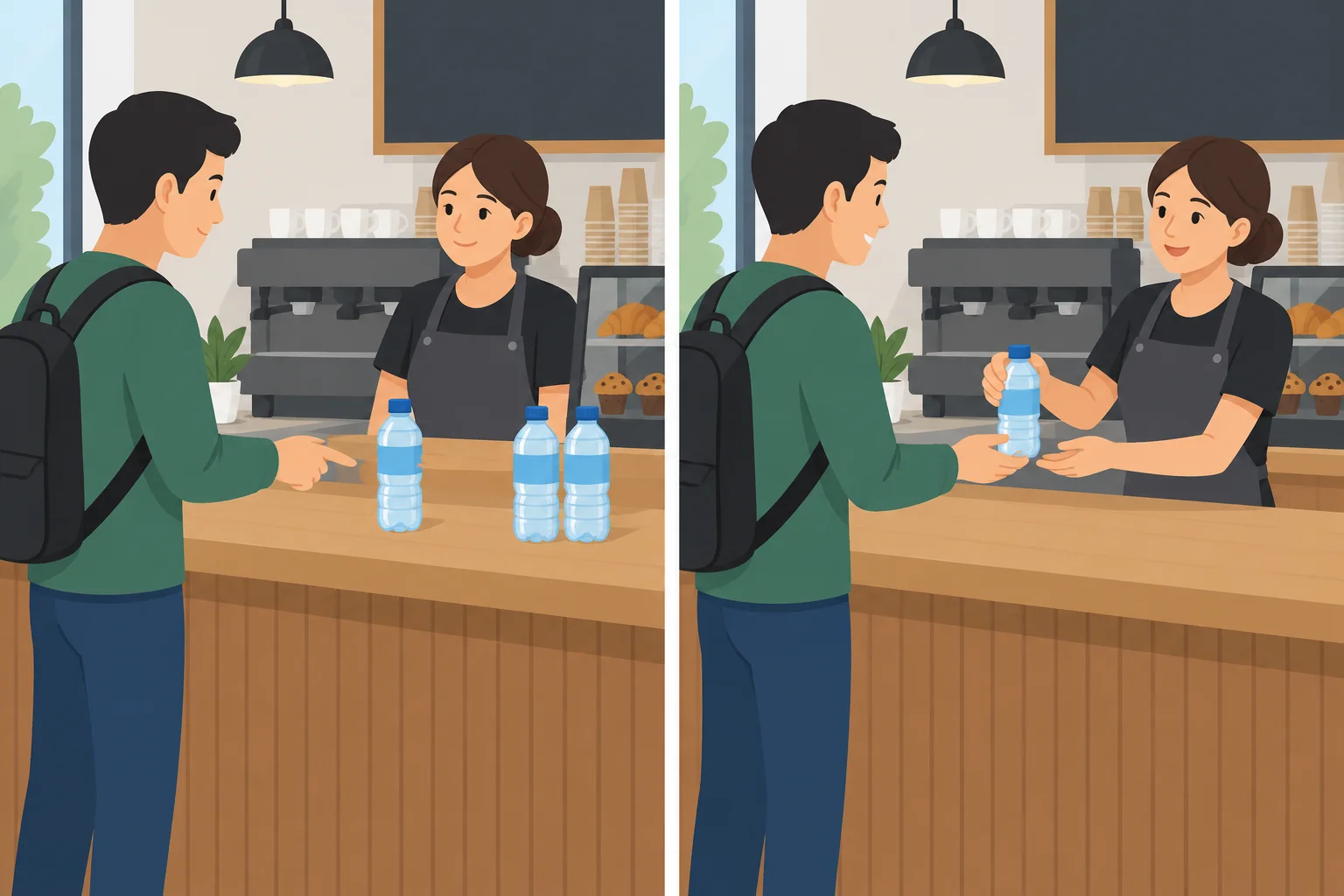 Comparação visual entre indicar um item no balcão e recebê-lo em um atendimento.