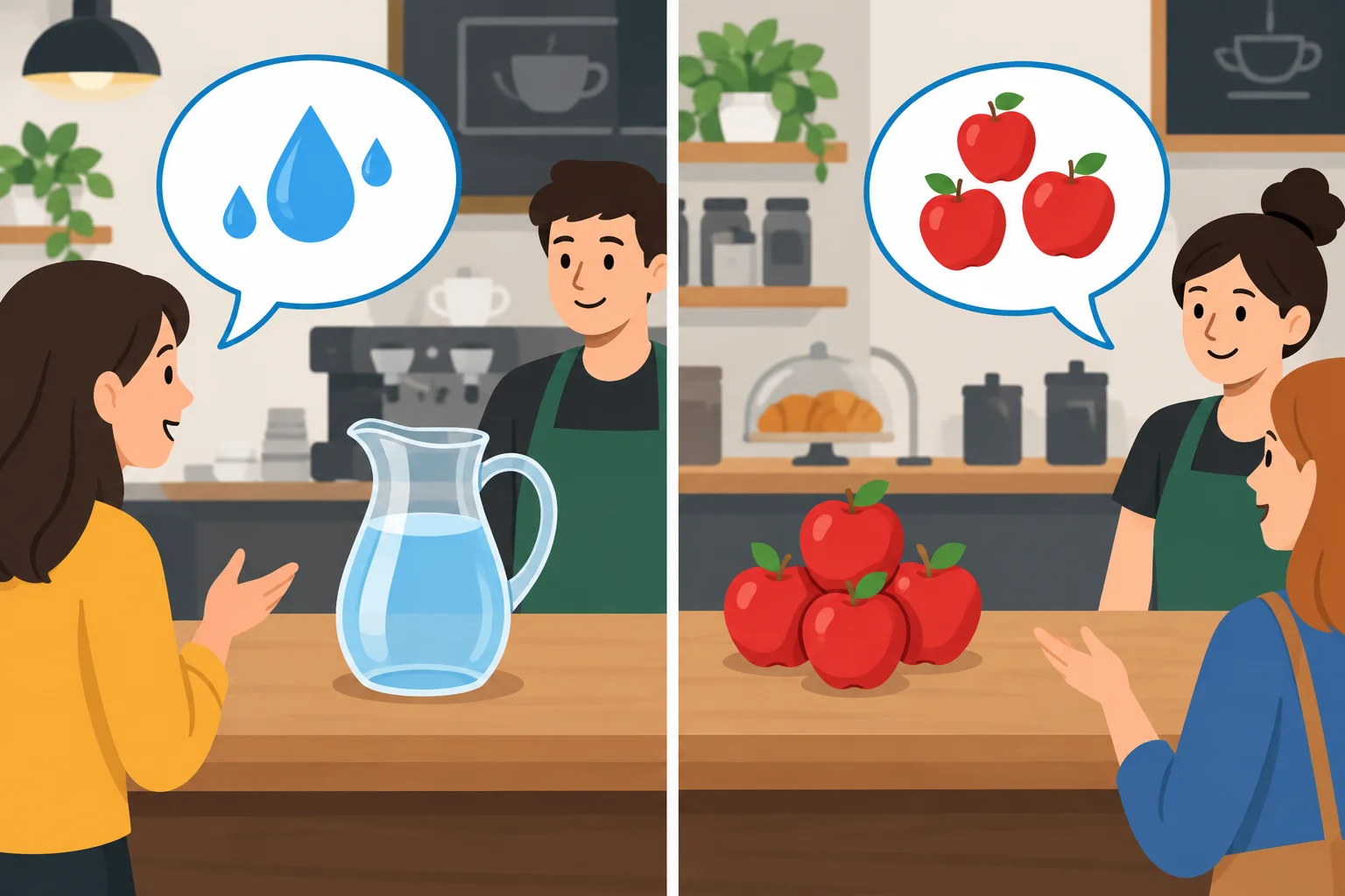 Comparação visual entre pedir uma quantidade de água e pedir algumas maçãs.