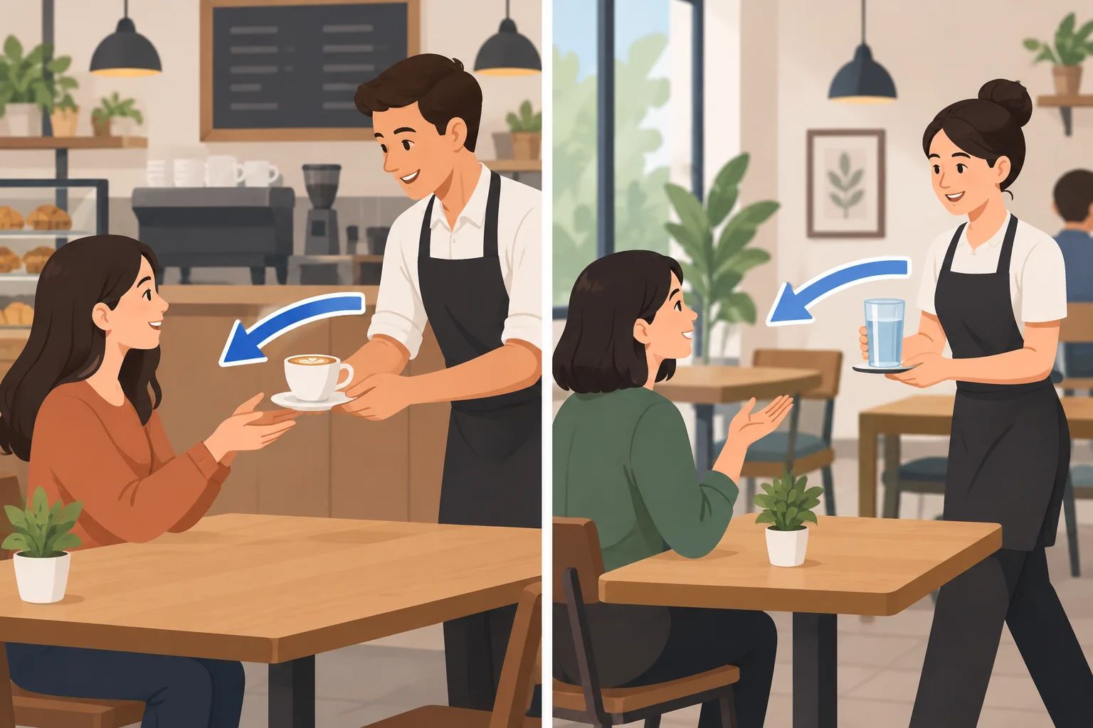 Comparação visual: à esquerda, o cliente recebe um item; à direita, o atendente traz um item para o cliente.