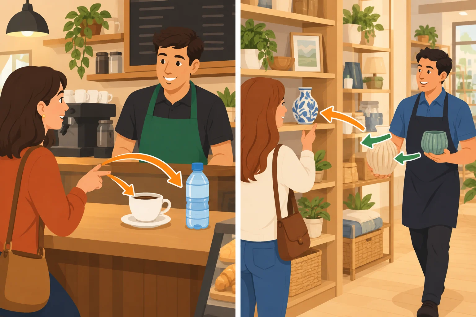 Comparação visual entre pedir um produto e solicitar uma ação ao atendente.