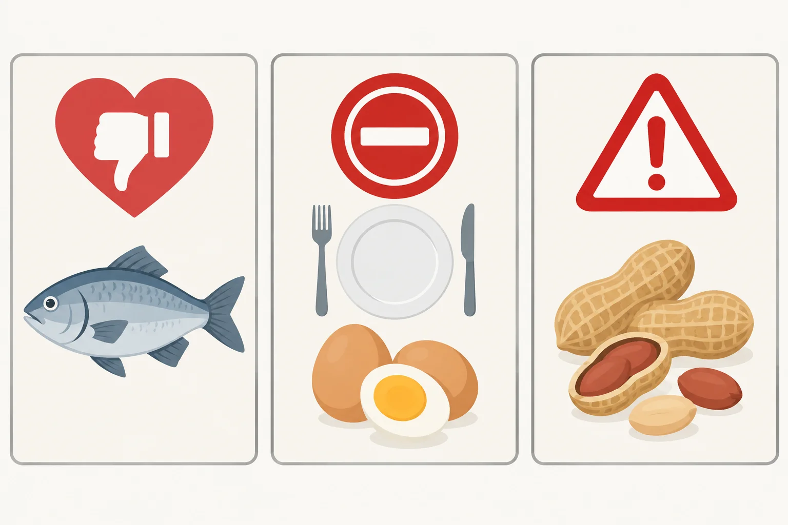Três cartões visuais: não gostar de peixe, não comer ovos e alerta de alergia a amendoim.