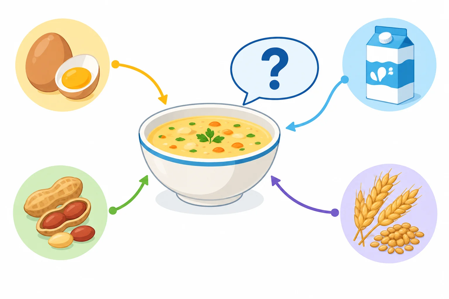 Diagrama de uma sopa ligada visualmente a ícones de ingredientes, mostrando que a pergunta se refere ao alimento já identificado.