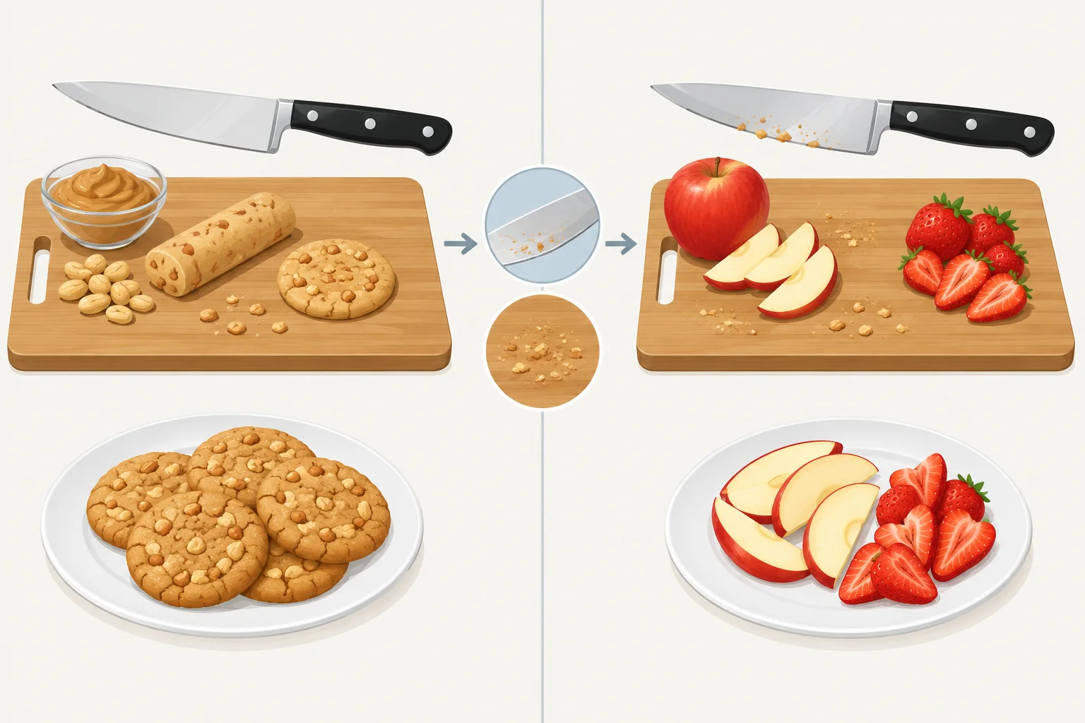 Esquema mostrando um utensílio e uma tábua usados primeiro com um alimento com amendoim e depois com frutas, indicando possível transferência por superfícies compartilhadas.