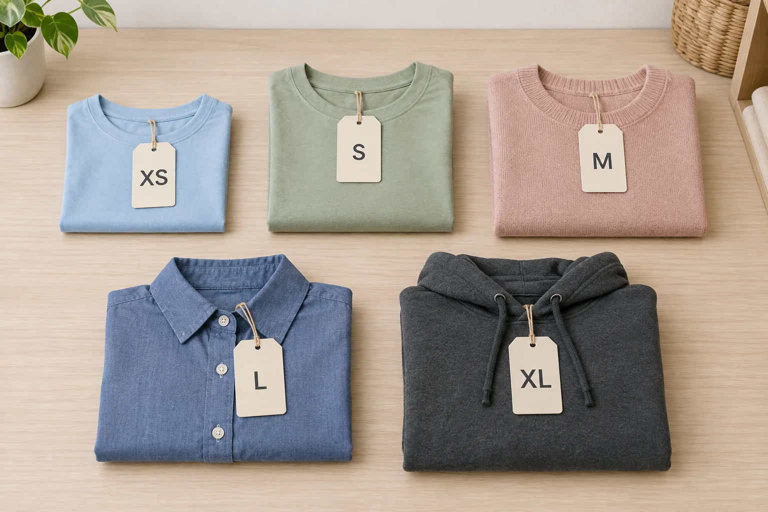 Cinco etiquetas de roupa com as abreviações XS, S, M, L e XL.