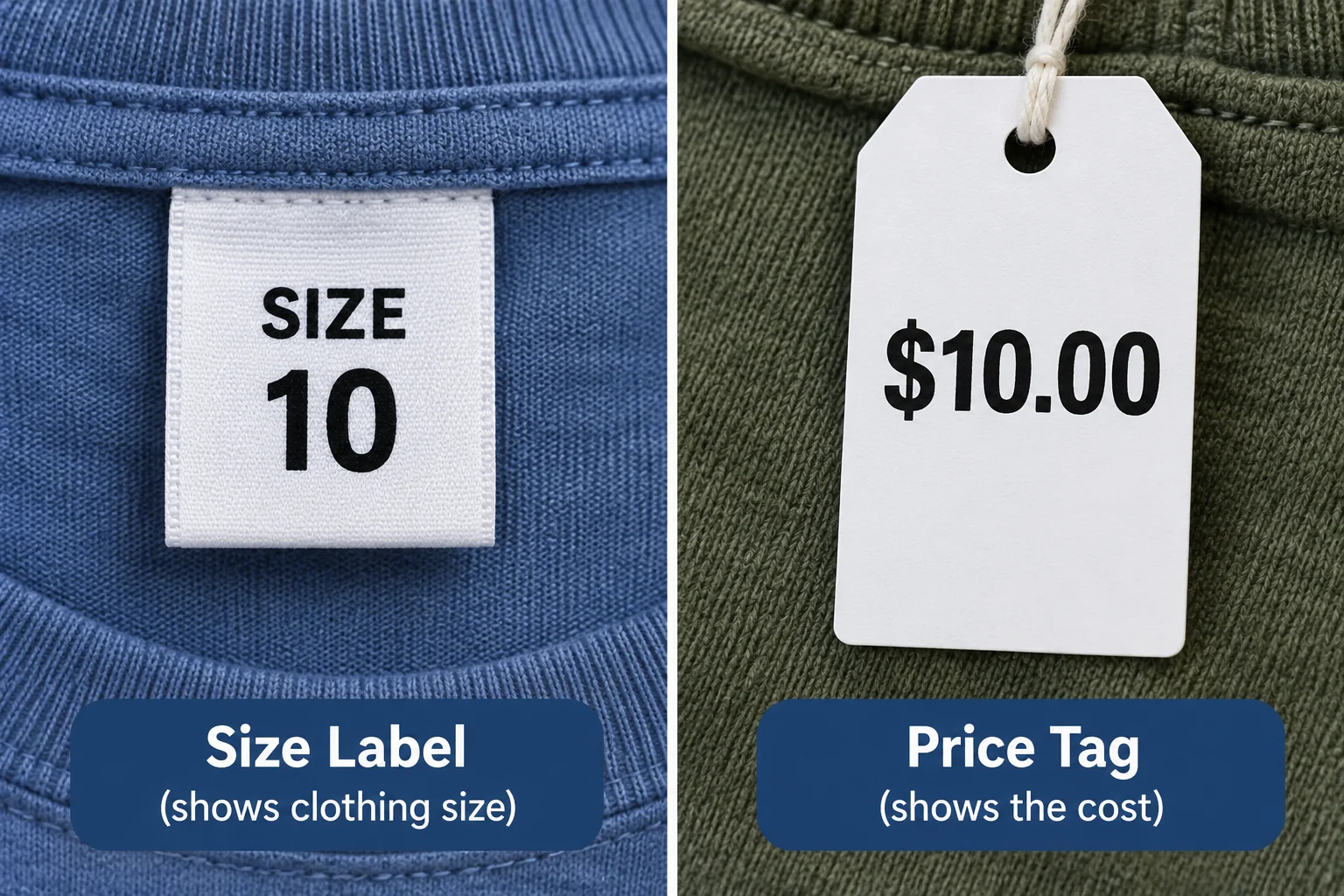 Comparação entre uma etiqueta escrita SIZE 10 e uma etiqueta de preço escrita $10.00.