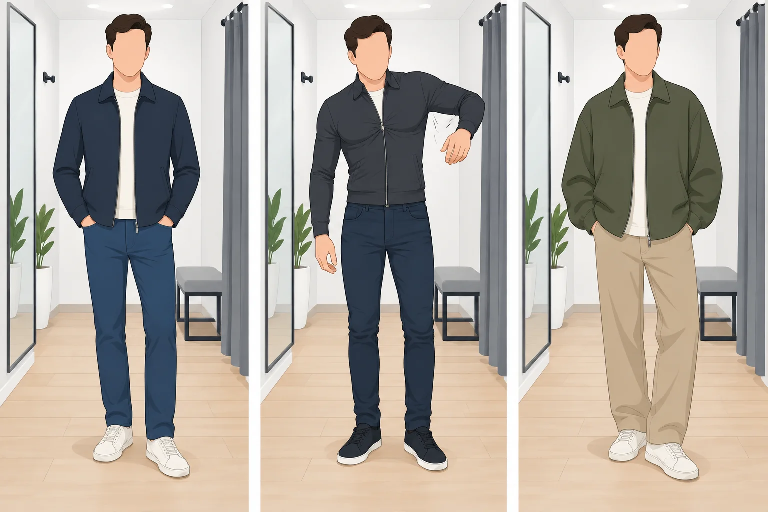 Três pessoas adultas totalmente vestidas usam jaquetas com ajuste adequado, apertado demais e folgado confortável.