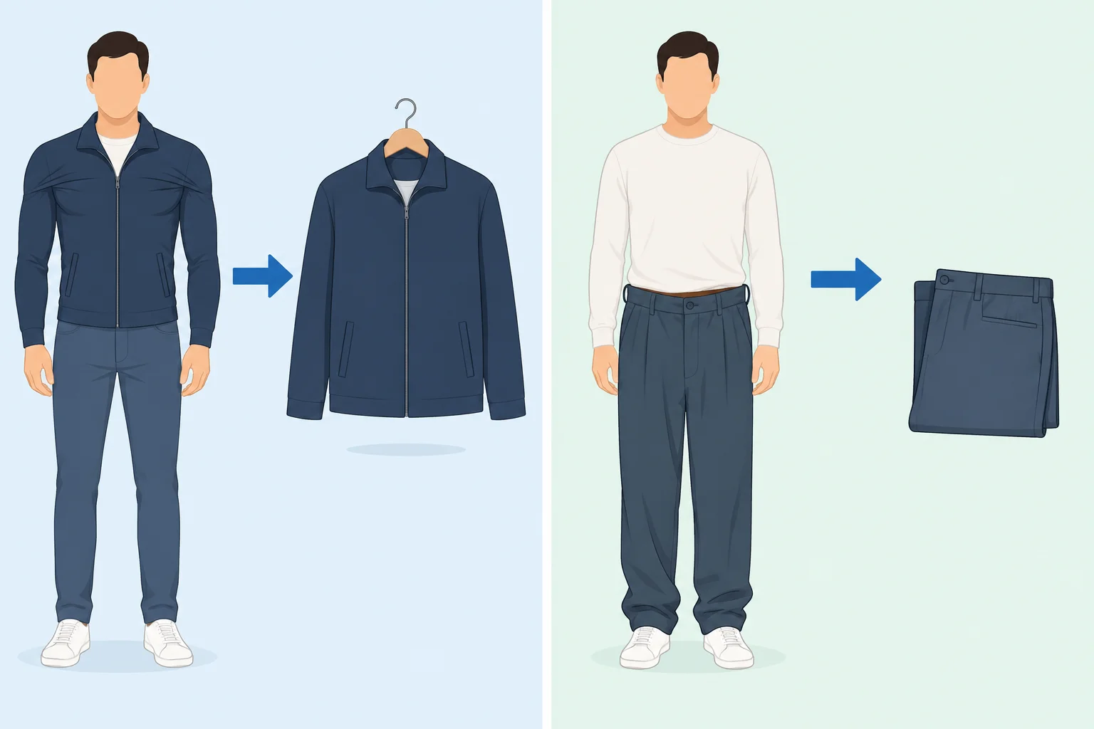 Comparação entre uma jaqueta apertada e uma opção maior, e uma calça larga e uma opção menor.