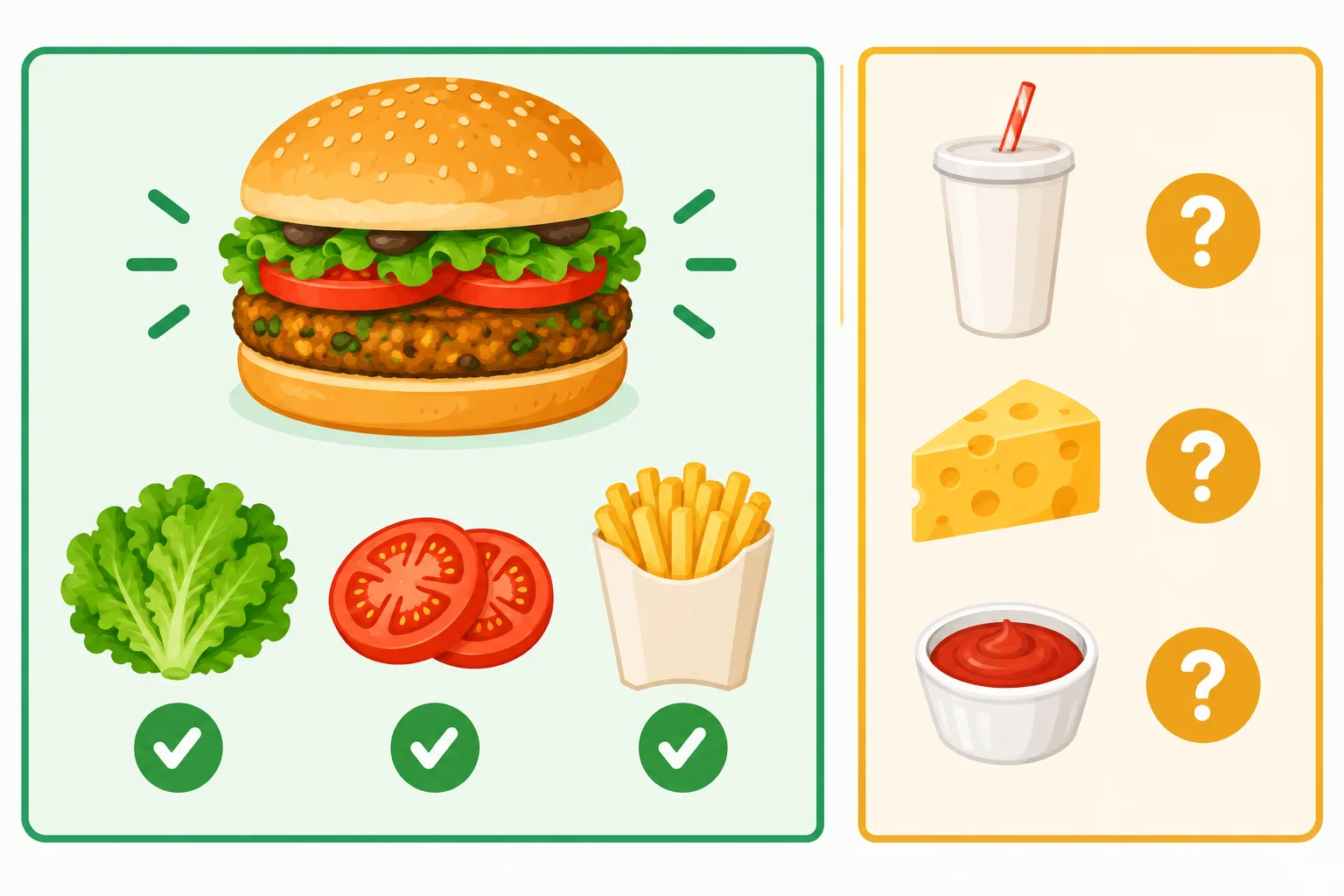 Um item de cardápio tem hambúrguer, alface, tomate e batatas fritas confirmadas; bebida, queijo e molho aparecem como informações desconhecidas.