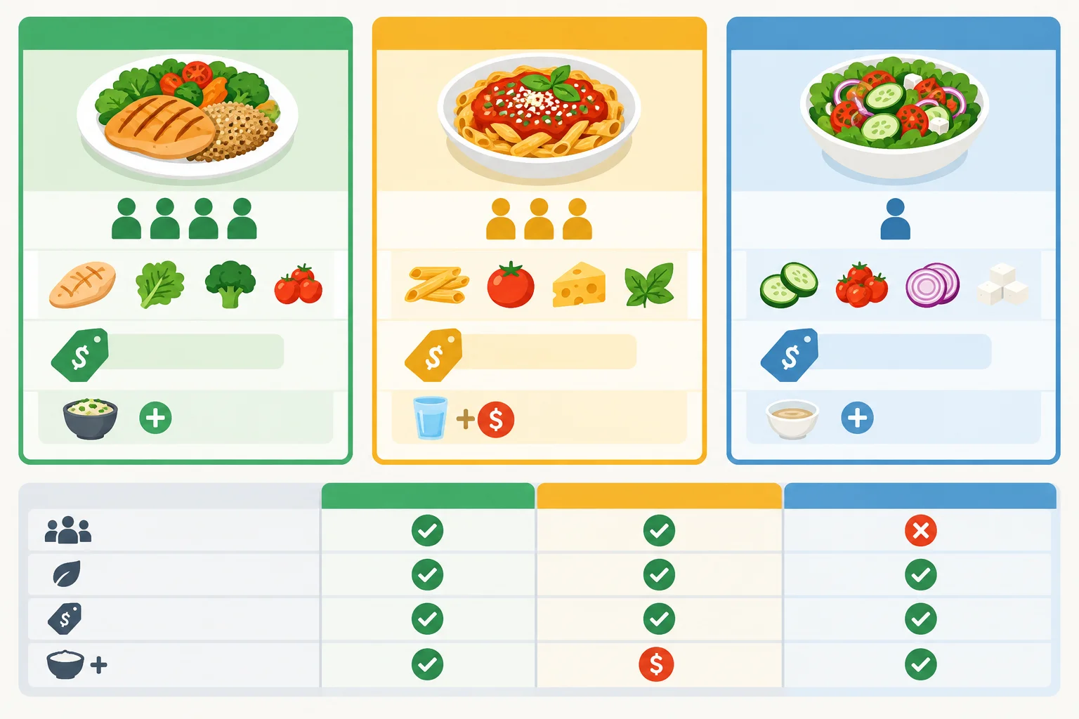 Diagrama com três opções de cardápio comparadas por porção, ingredientes, preço e adicional.