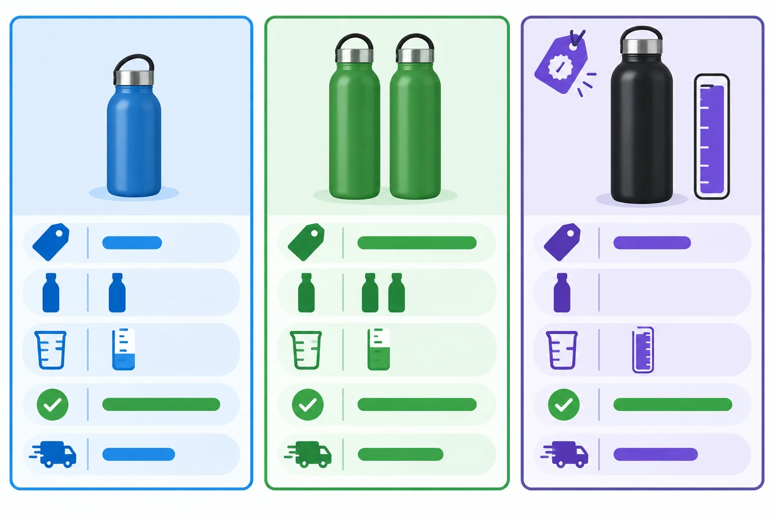 Três cartões de ofertas de garrafas, com destaque visual para preço, quantidade, capacidade, disponibilidade e entrega.