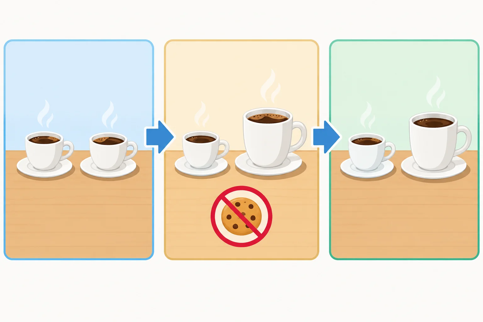 Diagrama visual de um pedido que começa com dois cafés pequenos e termina com um café pequeno e um grande; um cookie oferecido não entra no pedido.