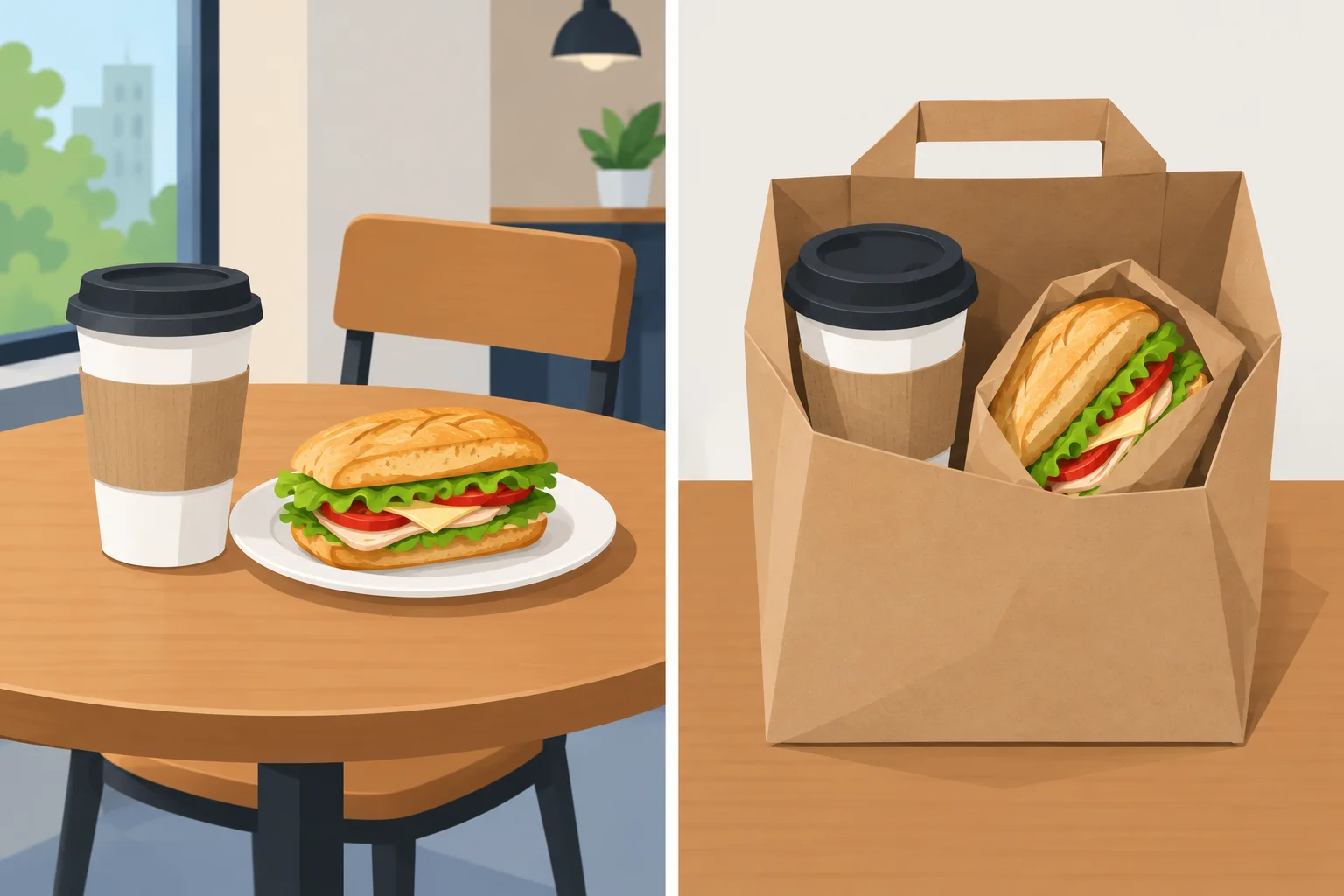 Comparação entre um pedido servido em uma mesa e o mesmo pedido colocado em uma sacola para viagem.
