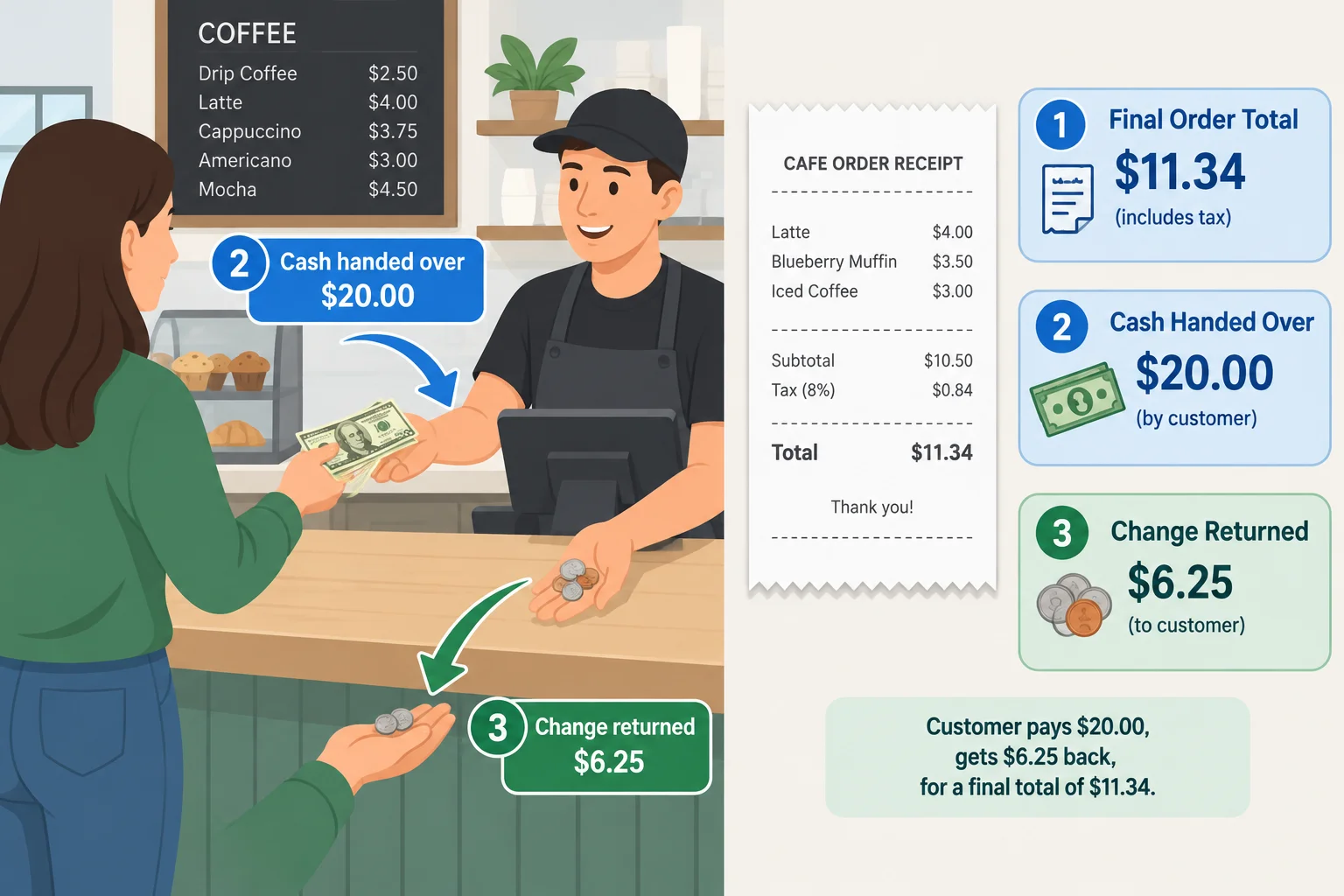 Esquema de um pagamento: total do pedido, dinheiro entregue e troco devolvido aparecem como valores com funções diferentes.