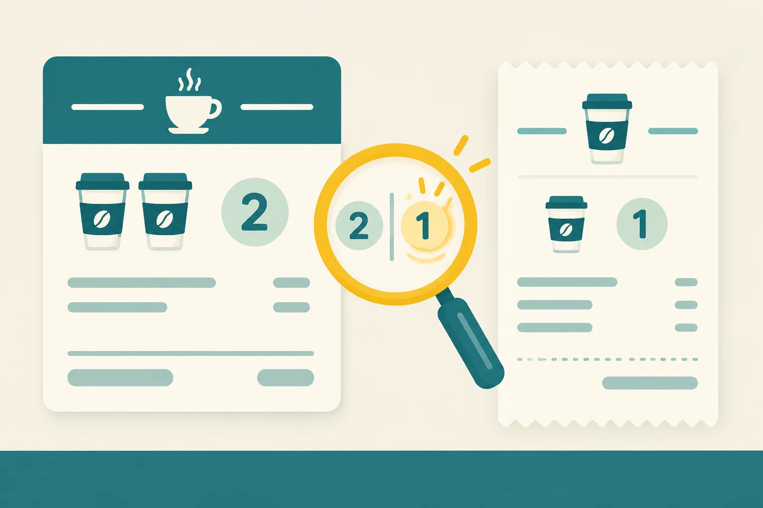 Um cartão de pedido mostra dois copos pequenos de café; uma recapitulação mostra apenas um, destacando a diferença de quantidade.