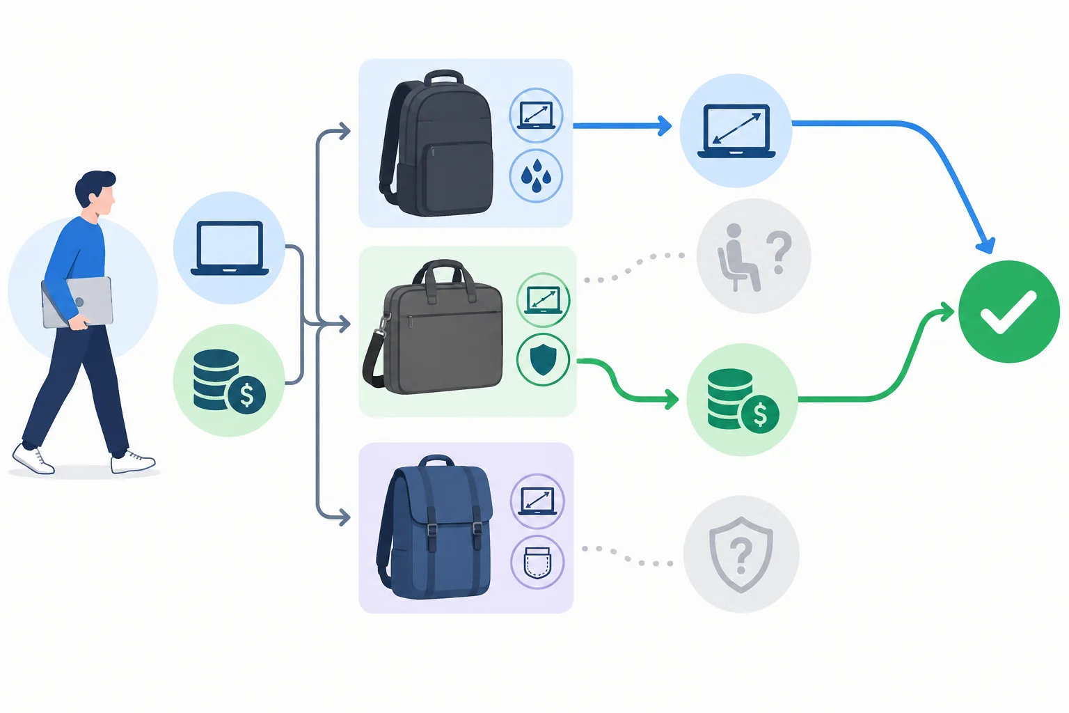 Diagrama mostrando uma necessidade ligada a dois critérios relevantes: tamanho para laptop e preço final. Conforto e durabilidade aparecem como informações desconhecidas.