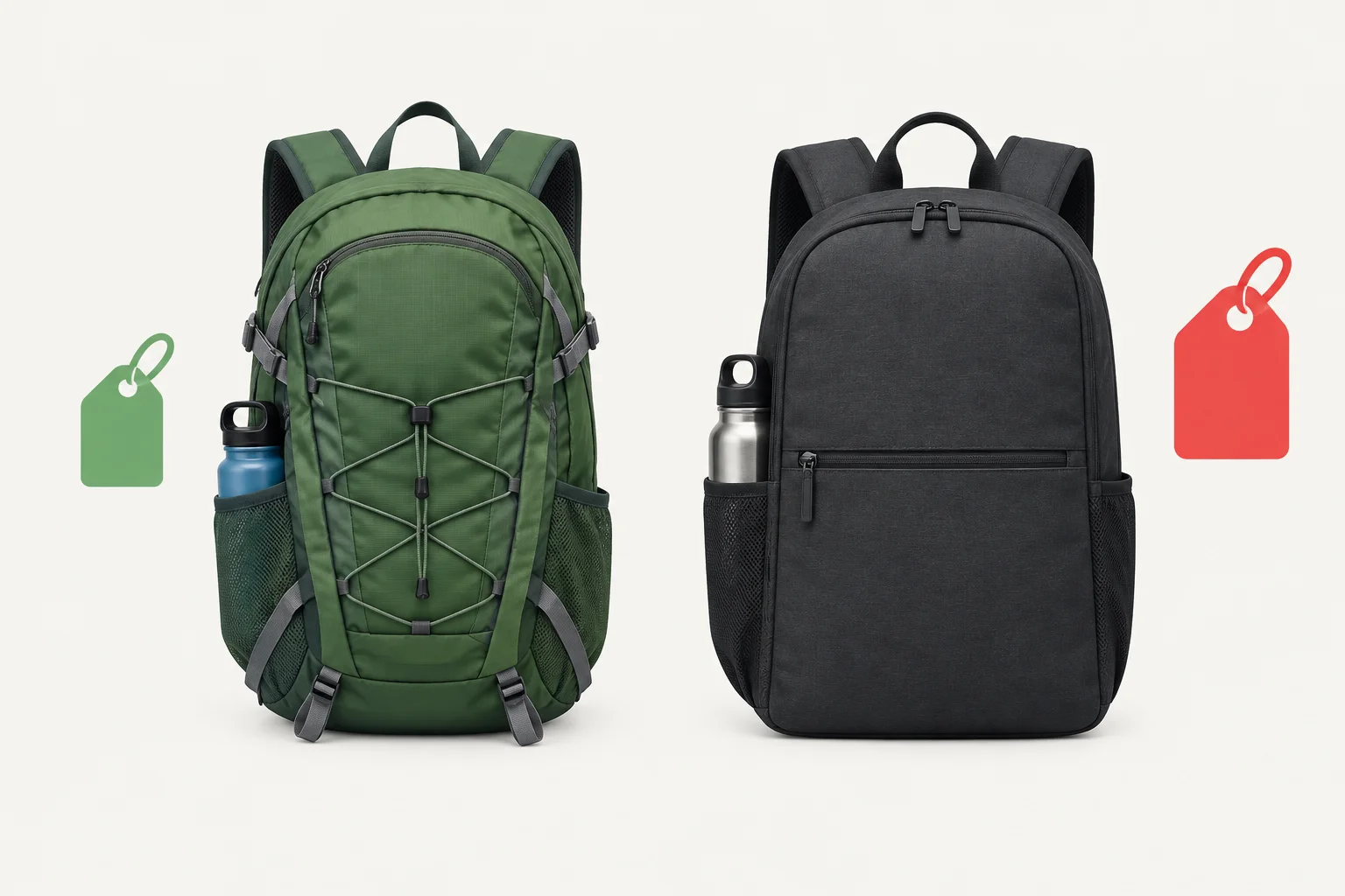 Duas mochilas de tamanho semelhante, ambas com bolso para garrafa, aparecem lado a lado; a etiqueta de preço da mochila da esquerda é menor.