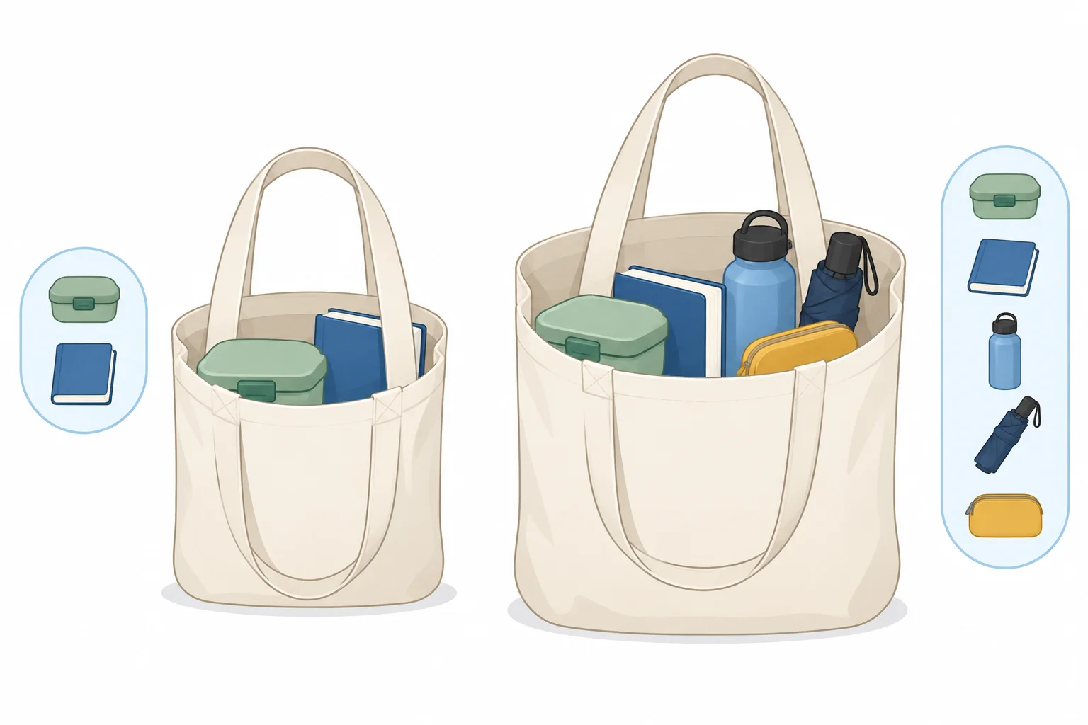 Comparação visual entre uma bolsa menor, suficiente para um almoço e um livro, e uma bolsa maior com espaço extra.