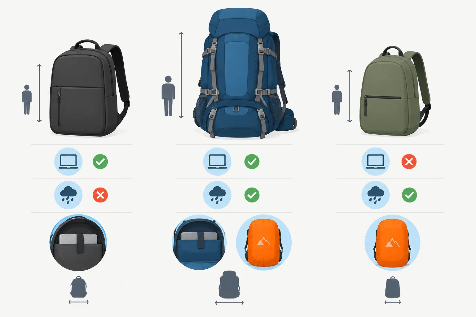 Comparação visual de três mochilas: uma urbana média, uma maior com capa de chuva e uma pequena sem compartimento para laptop.