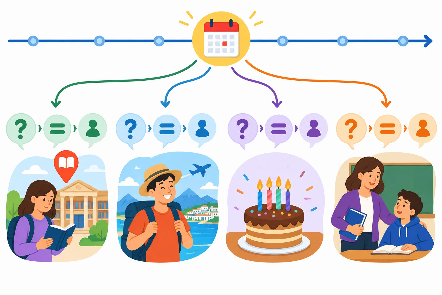 Diagrama com uma linha do tempo passada e quatro situações: localização, estado, idade e identificação, mostrando que a pergunta começa pela palavra interrogativa.