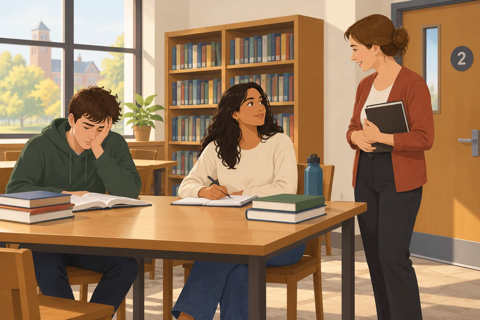 Cena de biblioteca com Ana cansada, Leo disposto e a professora perto da sala 2.