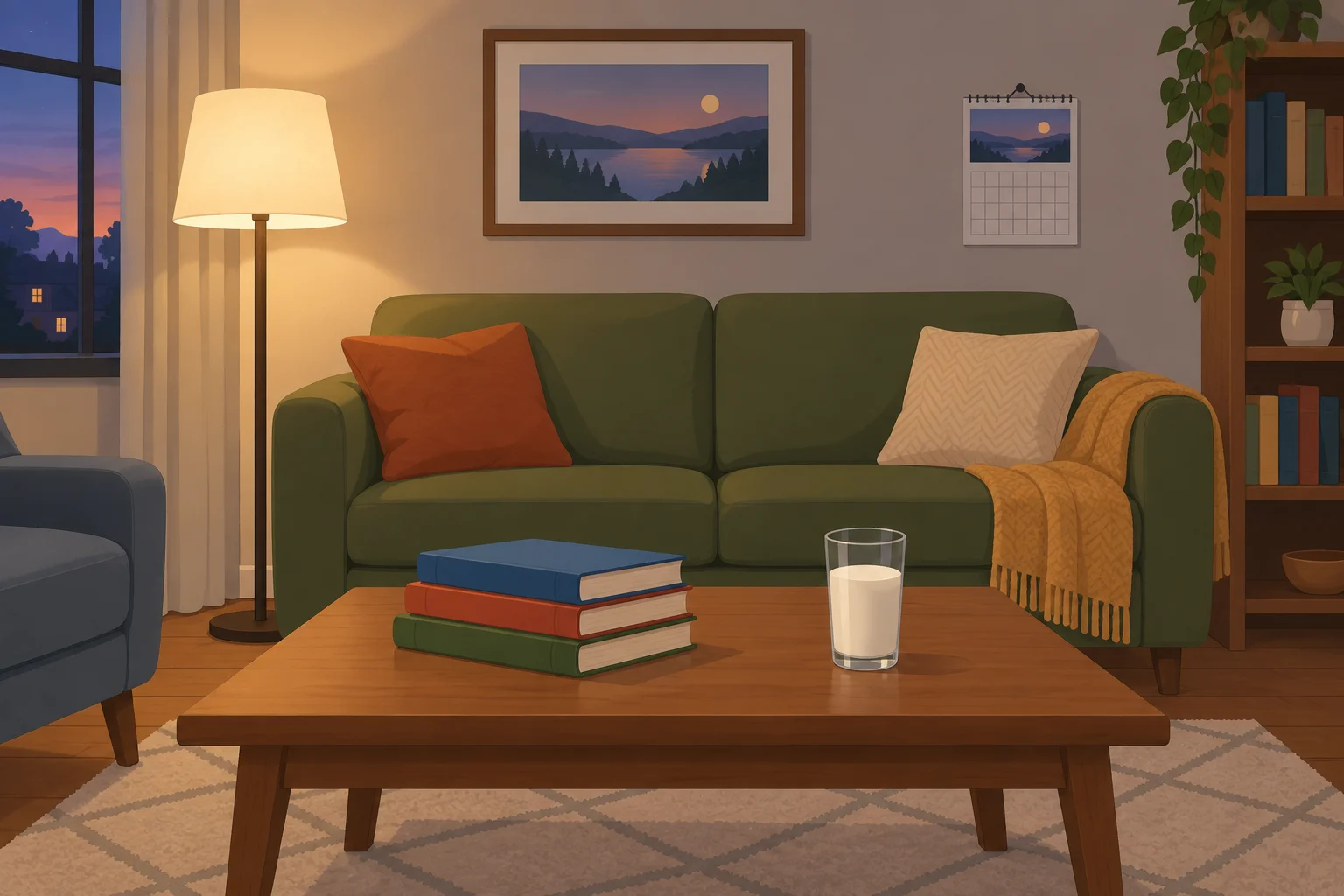 Ilustração de uma sala com uma luminária, três livros e um copo de leite.