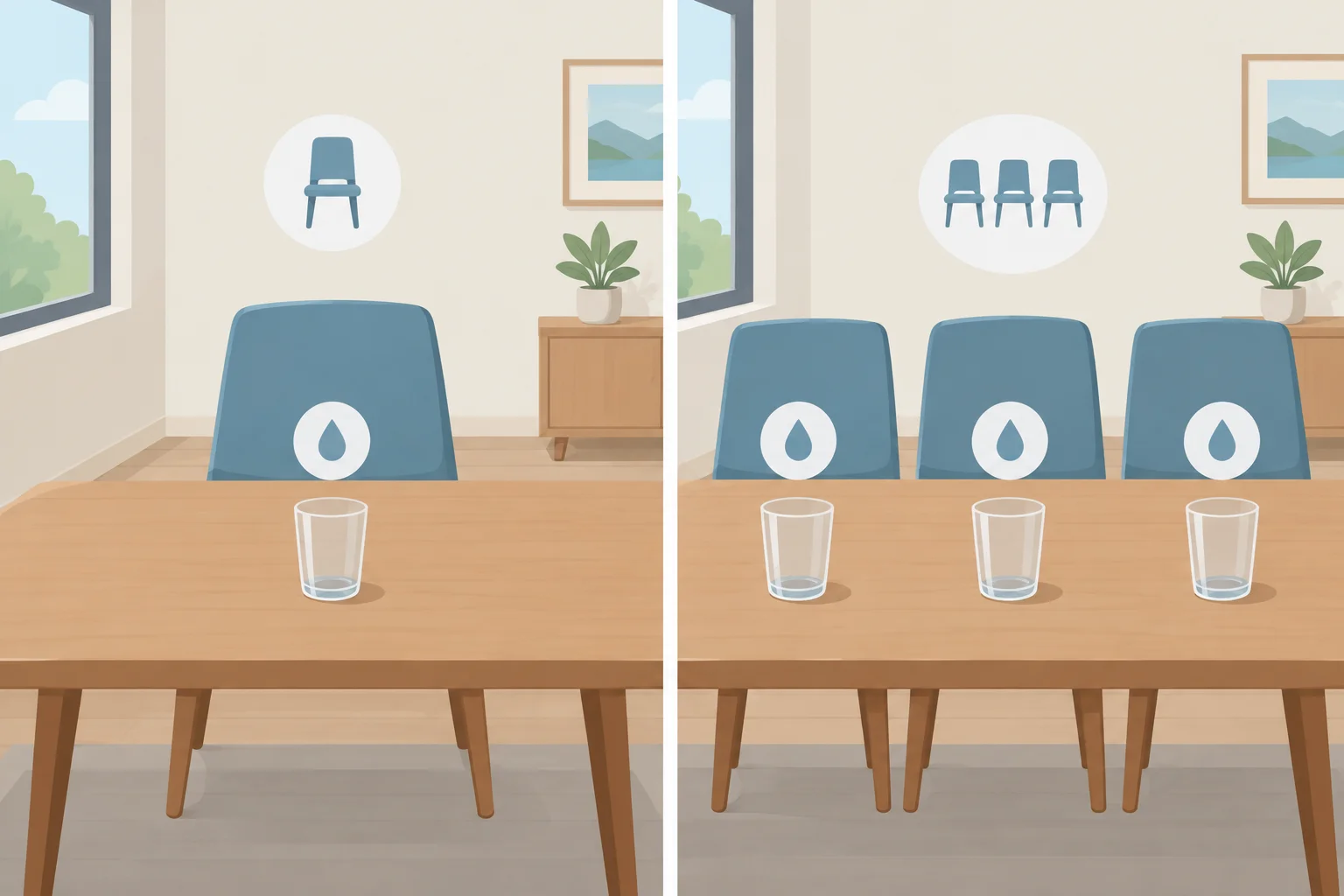 Comparação visual: uma cadeira e água como referências singulares, e várias cadeiras como referência plural, todas ausentes de uma sala passada.