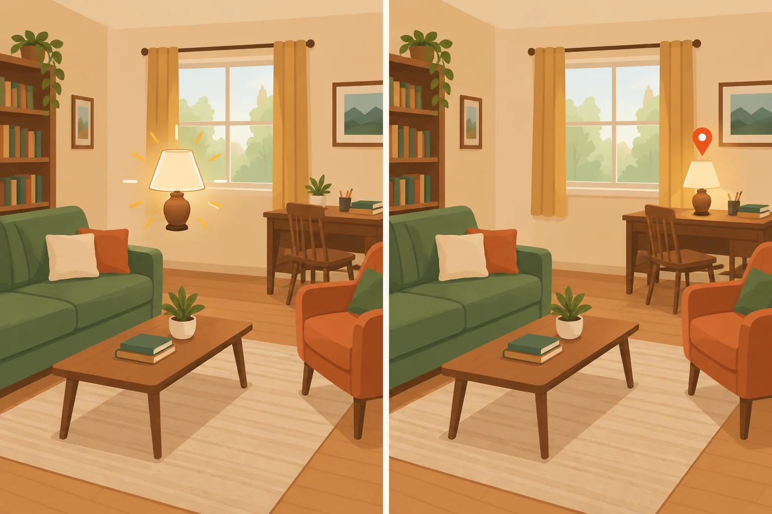 Comparação visual entre apresentar uma luminária em um quarto e indicar que a luminária está sobre a mesa.