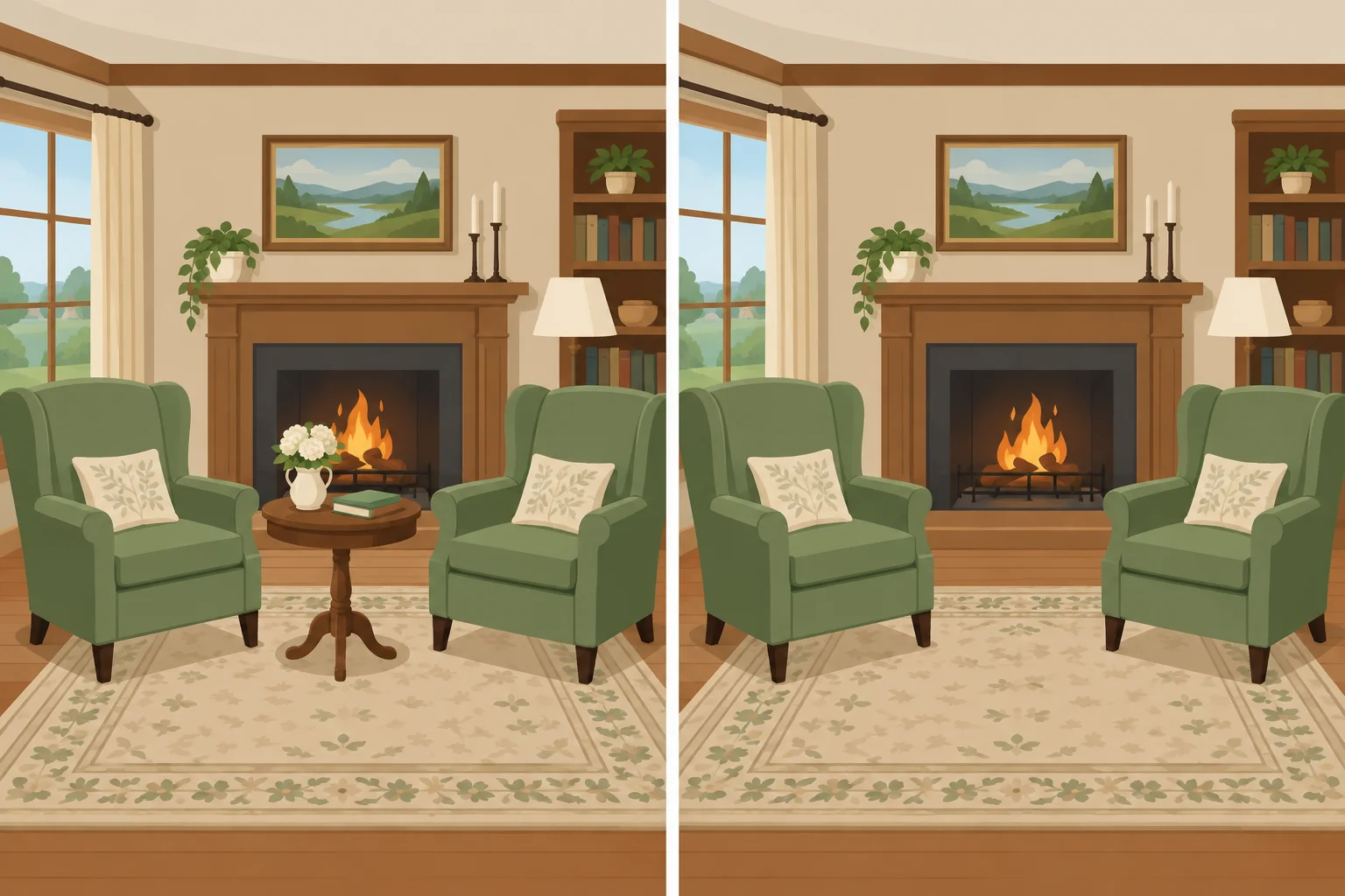 Comparação entre uma sala com cadeiras e mesa e a mesma sala sem mesa.