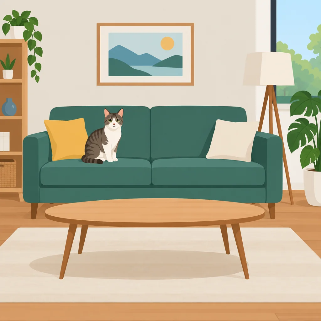 Gato no sofá; mesa sem livros.