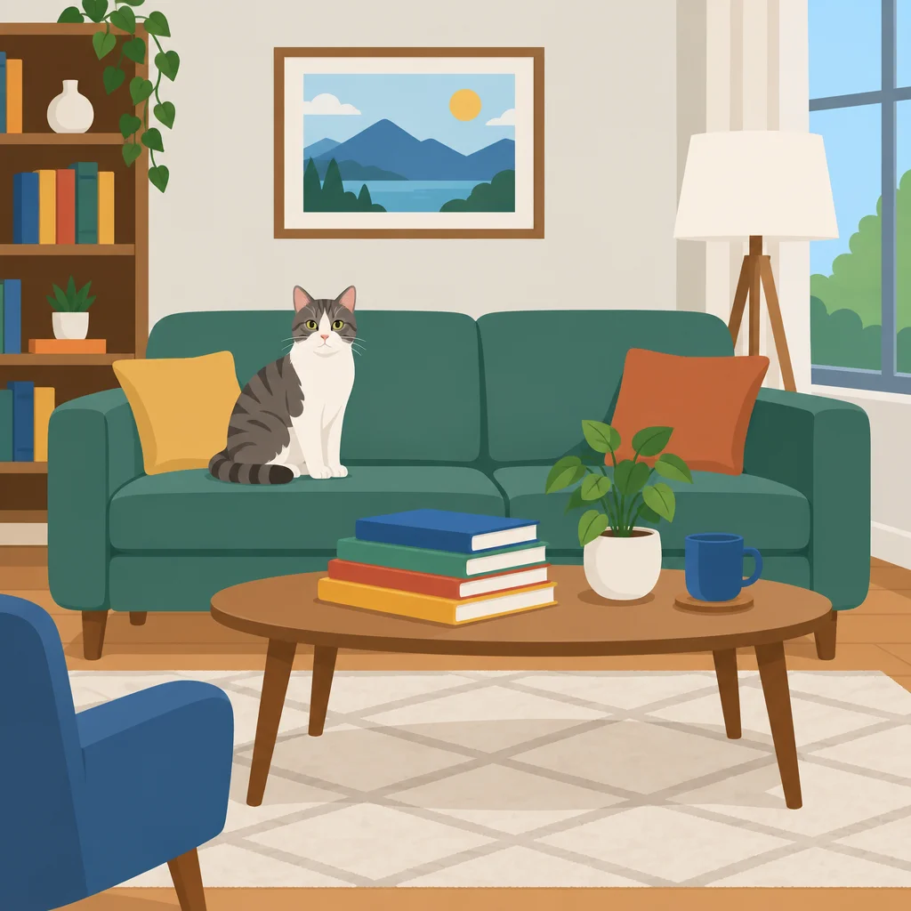 Gato no sofá; livros na mesa.
