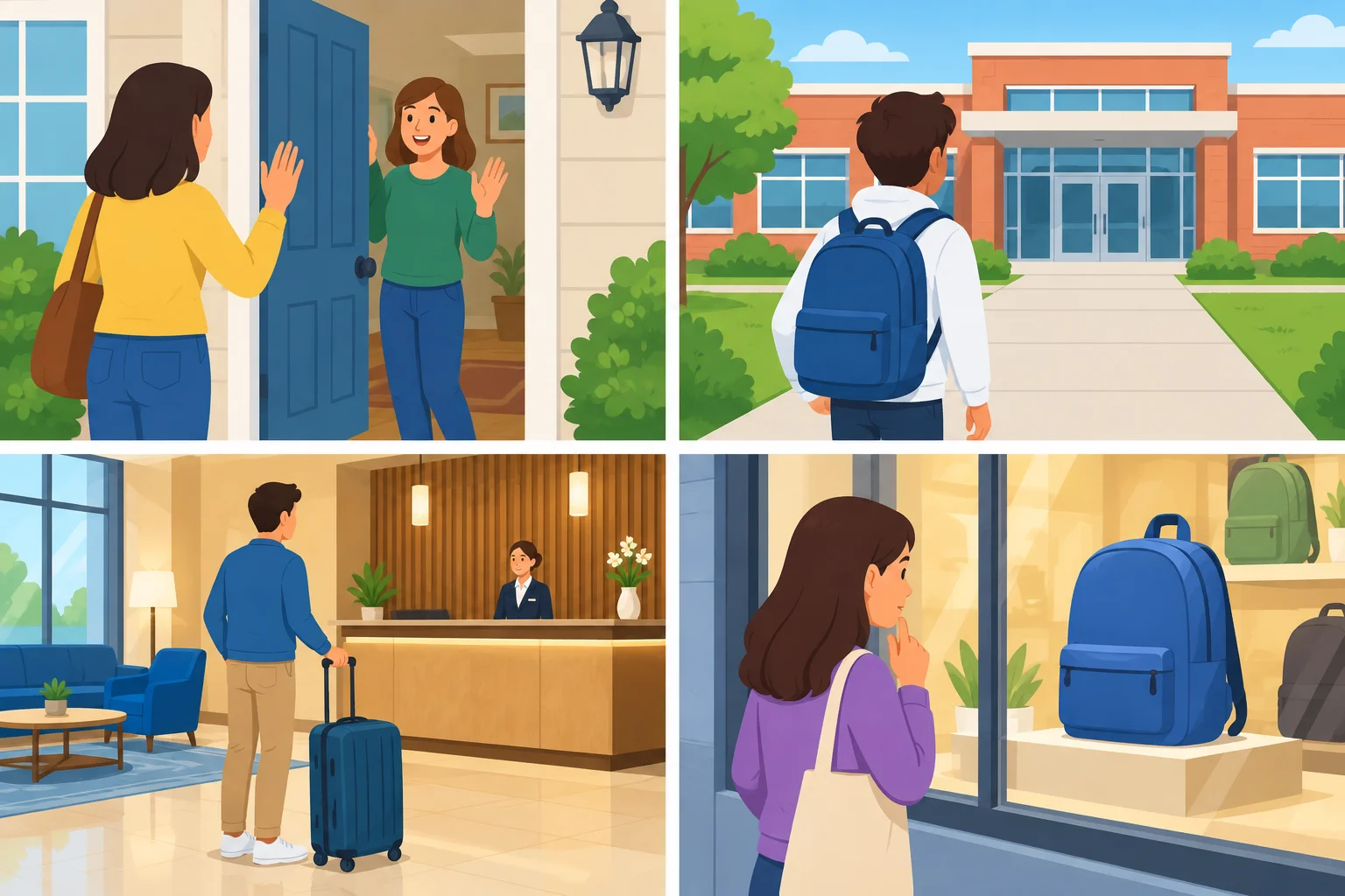 Quatro cenas: visitar uma amiga, chegar à escola, ficar em um hotel e desejar uma mochila.