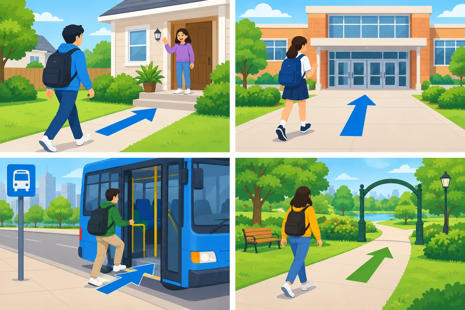 Quatro cenas ilustram vir até uma casa, chegar à escola, pegar um ônibus e ir a um parque.