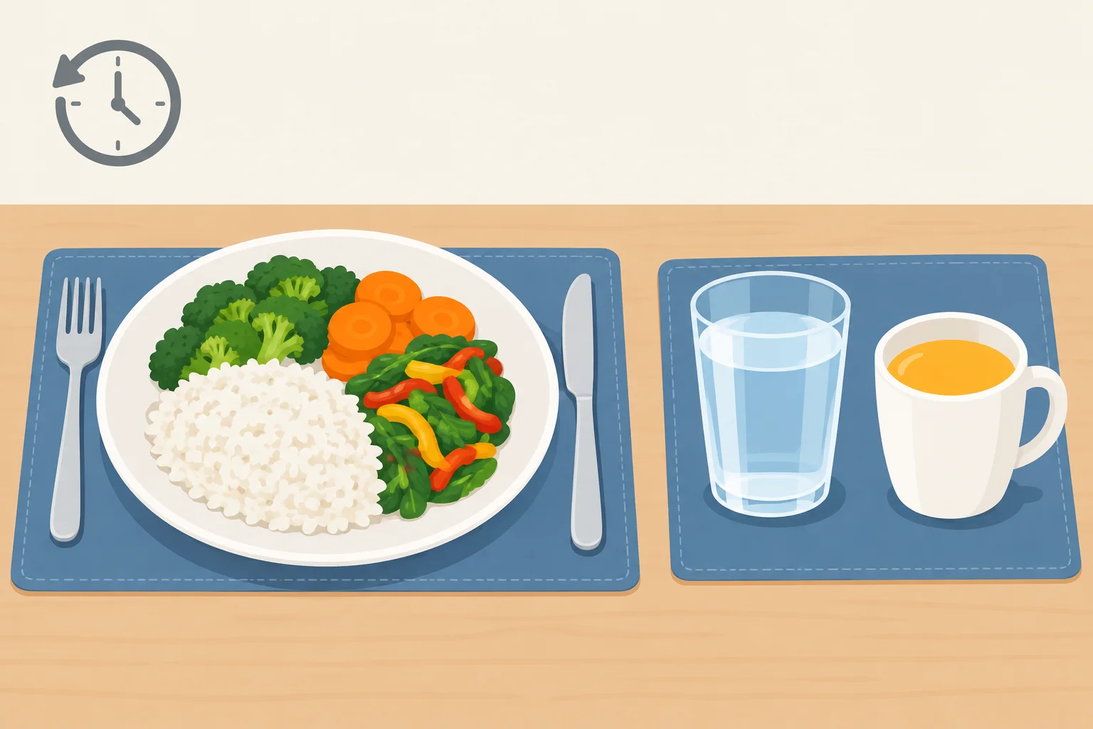Dois exemplos de consumo em uma refeição passada: comida no prato e bebidas no copo.