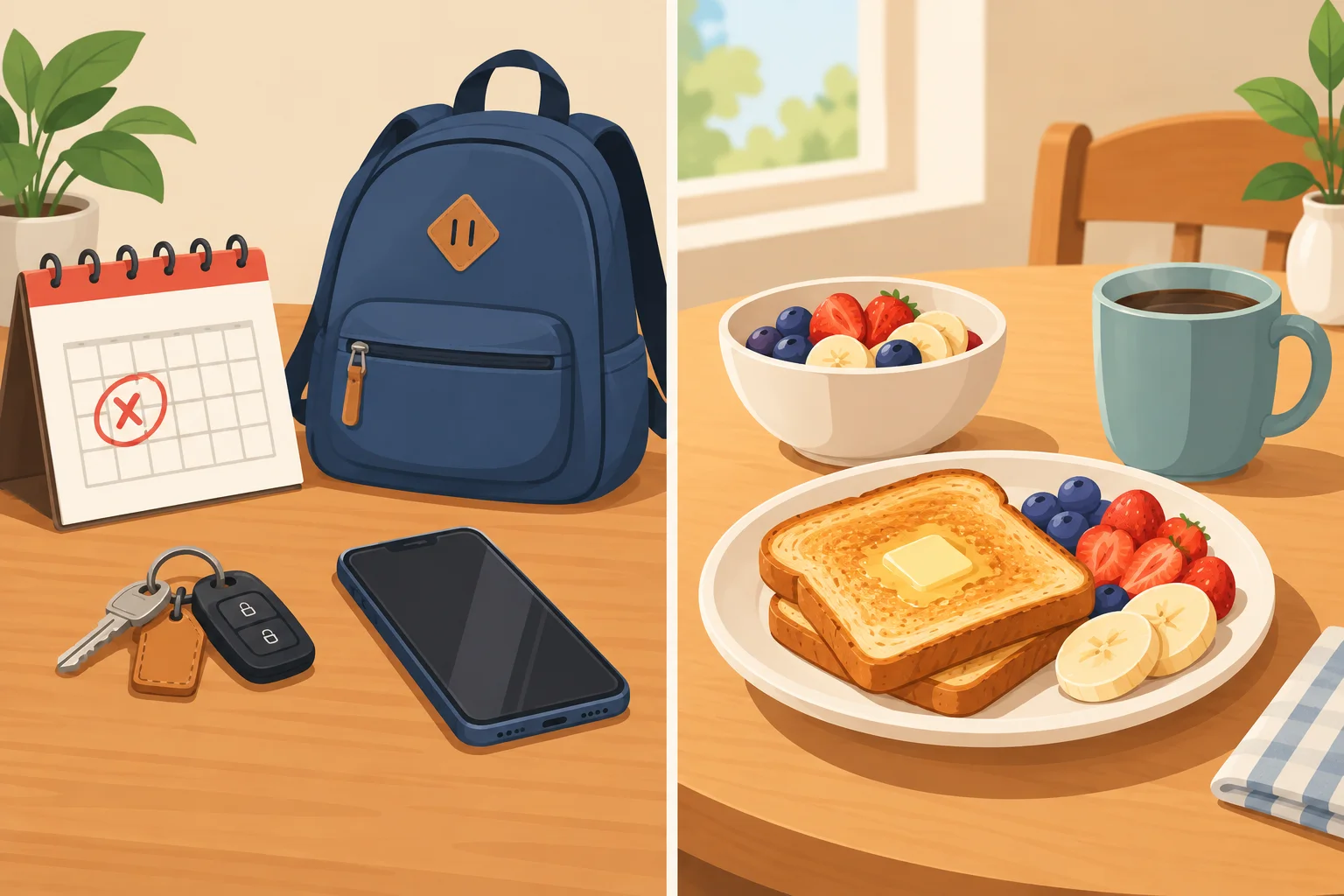 Comparação visual entre objetos pessoais em um momento passado e uma mesa de café da manhã.