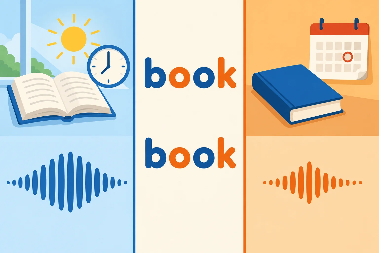 Comparação visual: a mesma palavra read aparece ligada a uma leitura de rotina e a uma leitura concluída ontem, com ondas sonoras diferentes.