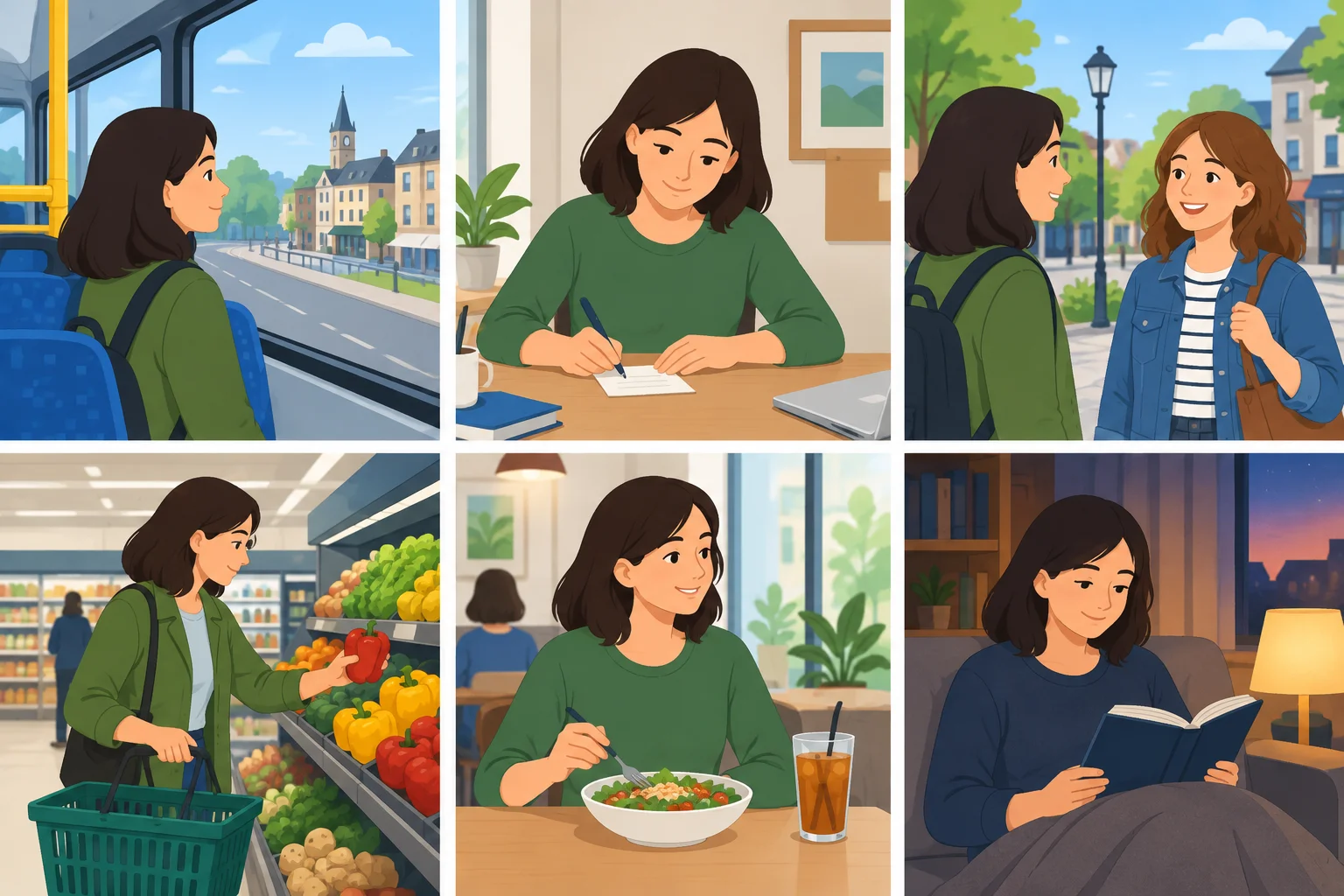 Seis momentos de um dia: deslocamento, escrita, encontro, compra, refeição e leitura.