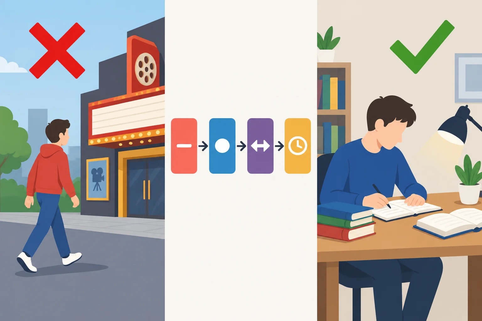 Diagrama em duas partes: uma ida ao cinema marcada como incorreta e uma pessoa estudando em casa marcada como o fato correto.